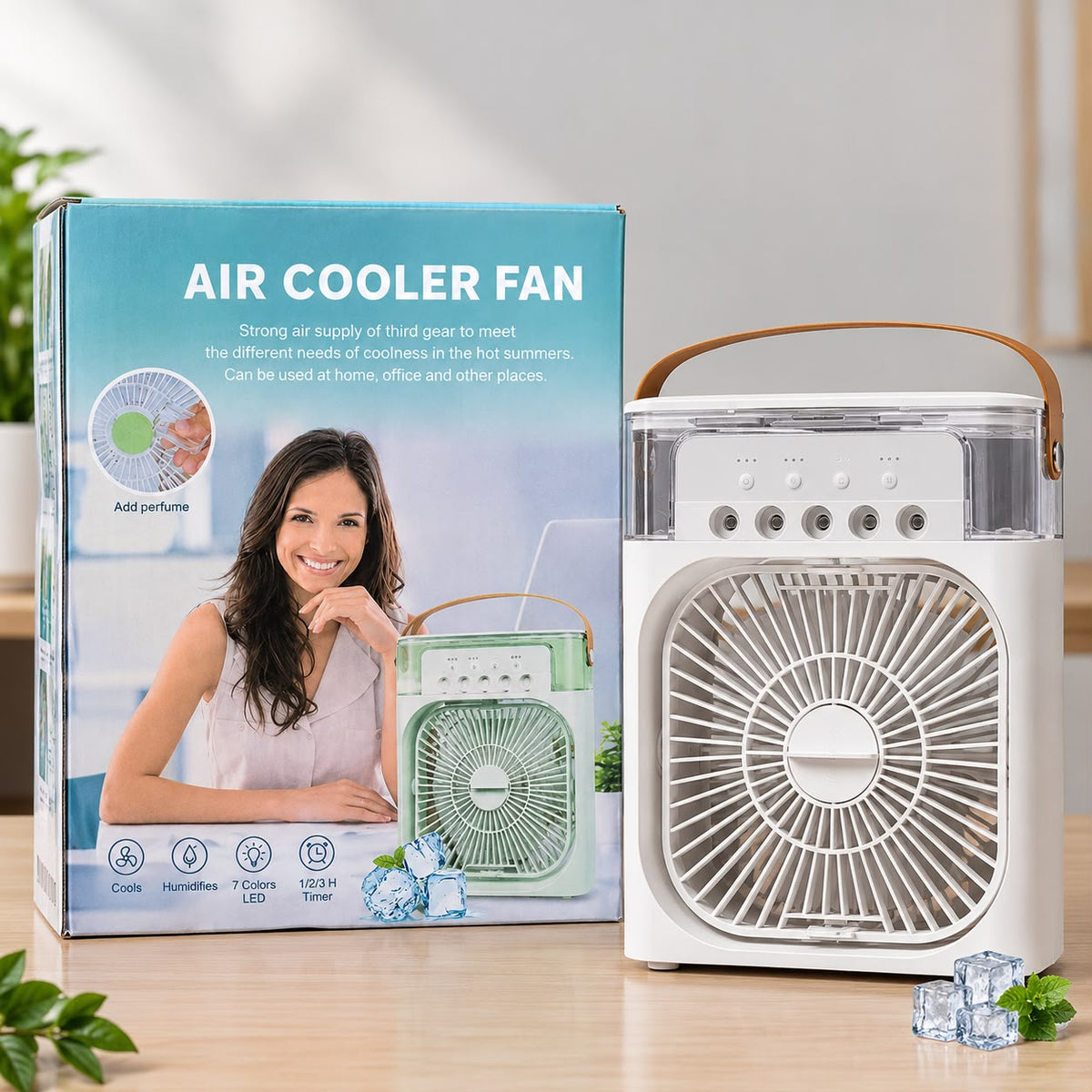 Portable mini air cooler fan with water mist spray and LED light 