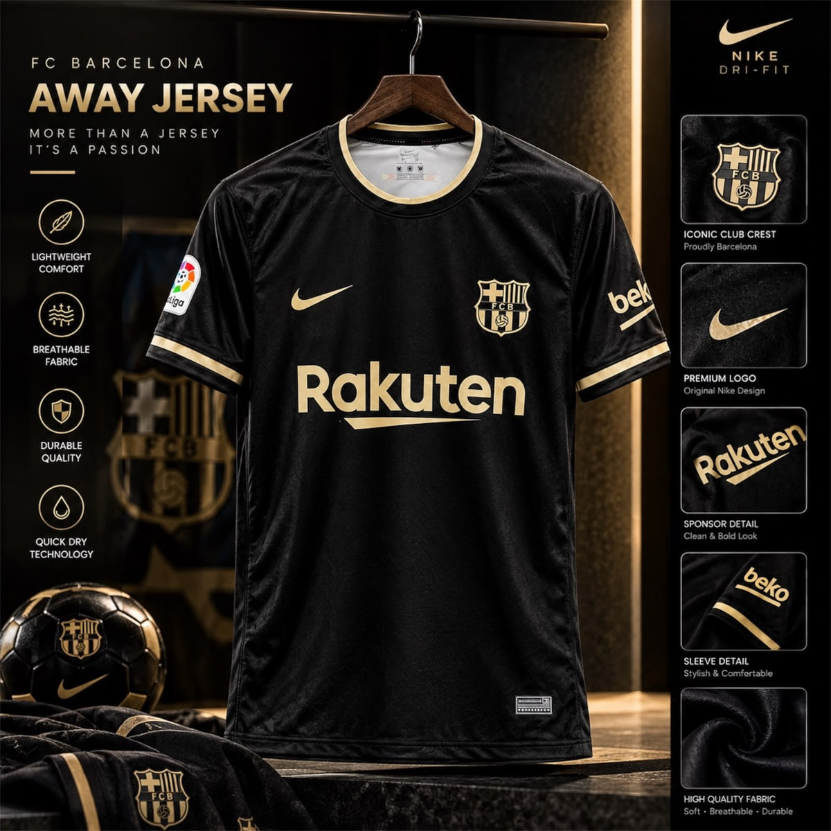 FC Barcelona Away Jersey – Messi 10 Black & Gold Edition