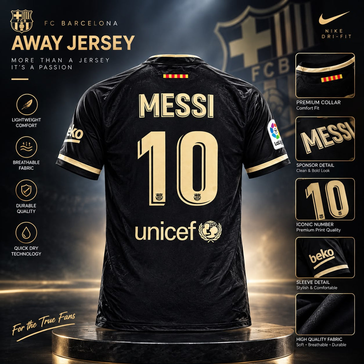 FC Barcelona Away Jersey – Messi 10 Black & Gold Edition