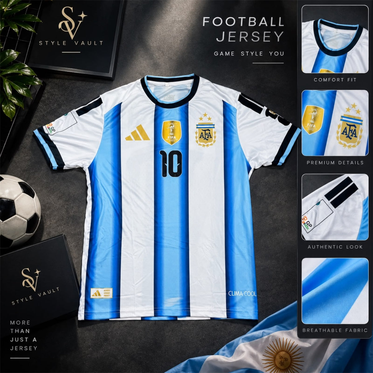 Messi 10 Argentina style sky blue and white striped football jersey front view