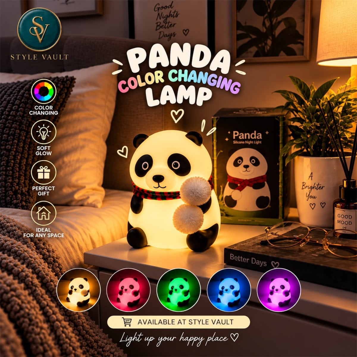 panda night lamp in multiple glowing colors