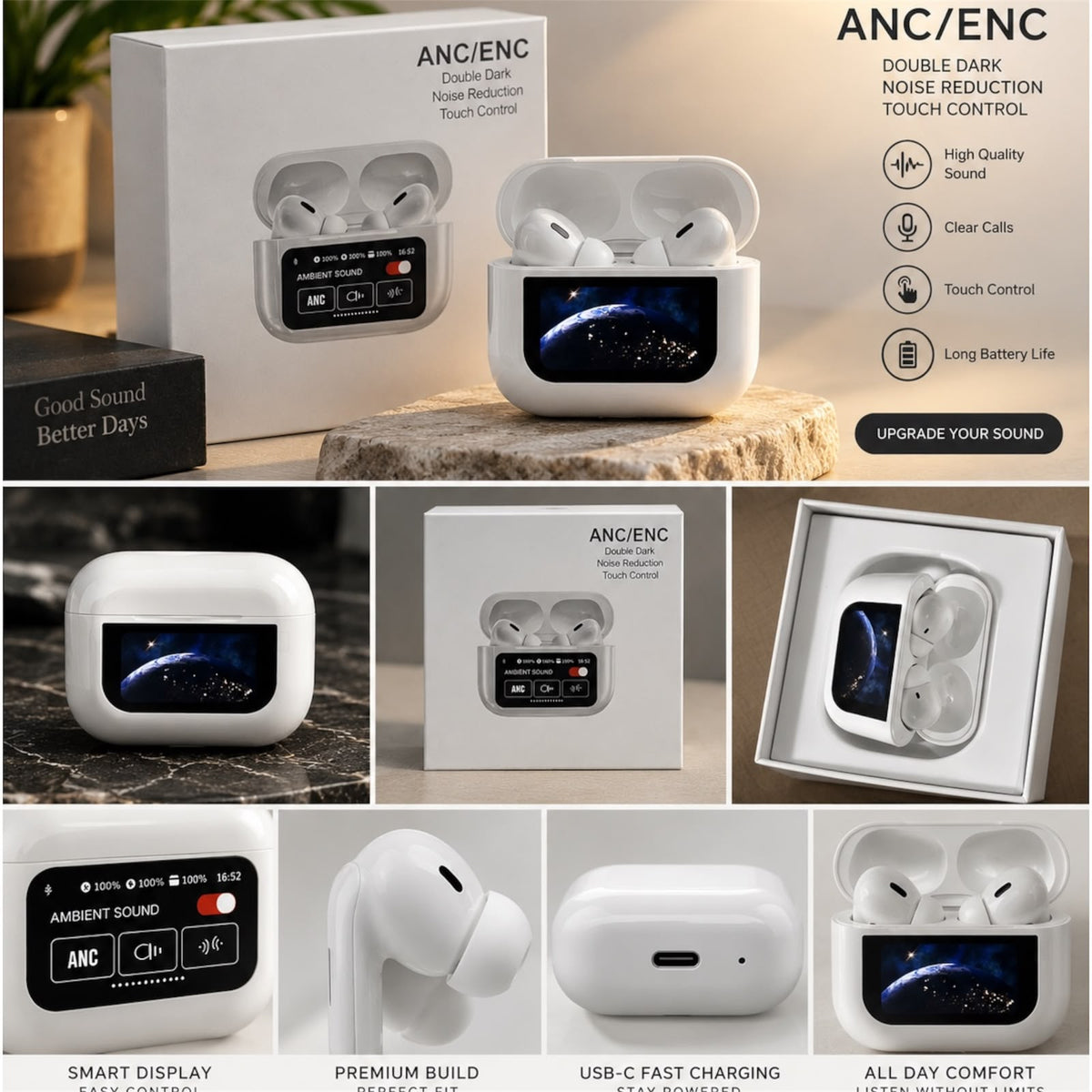 smart screen wireless earbuds with display charging case
