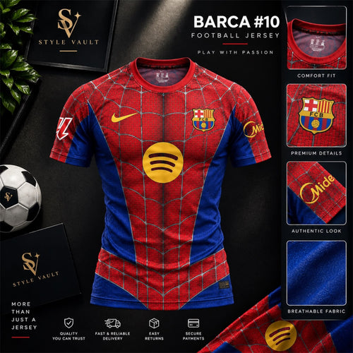 red and blue spider web football jersey front view